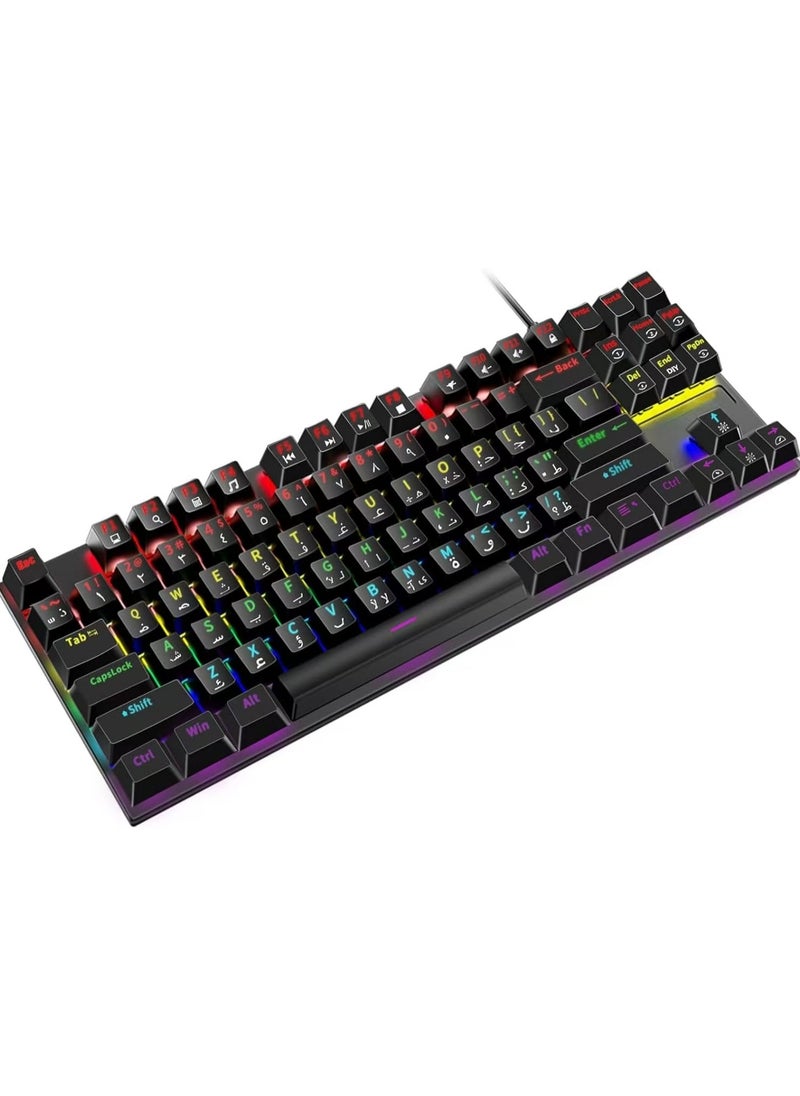 INFOSUN - English Arabic Mechanical Gaming Keyboard with RGB LED Rainbow Backlit, Quick Response USB Wired Waterproof 87 Keys Keyboard for Windows/MacOS/Android PC Gamers - Black /Blue Switch - Image 1
