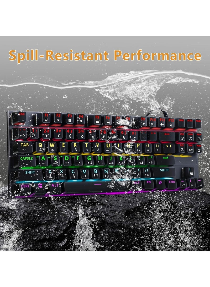 INFOSUN - English Arabic Mechanical Gaming Keyboard with RGB LED Rainbow Backlit, Quick Response USB Wired Waterproof 87 Keys Keyboard for Windows/MacOS/Android PC Gamers - Black /Blue Switch - Image 1