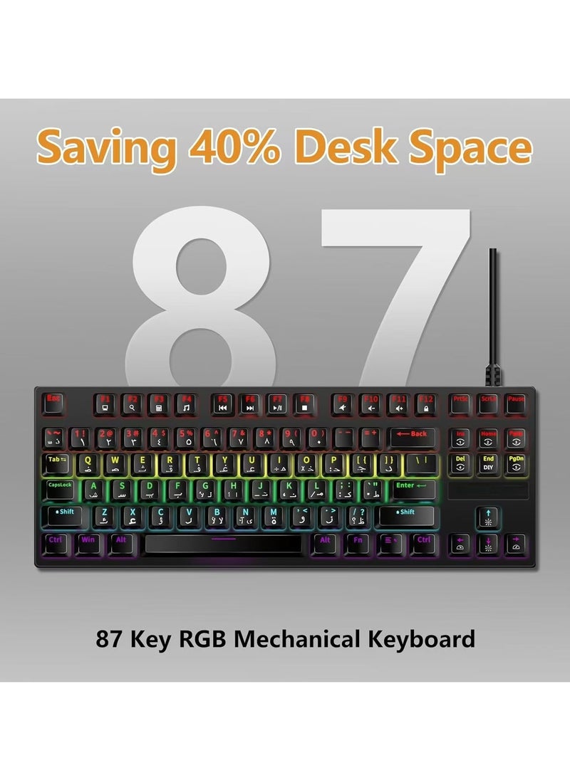 INFOSUN - English Arabic Mechanical Gaming Keyboard with RGB LED Rainbow Backlit, Quick Response USB Wired Waterproof 87 Keys Keyboard for Windows/MacOS/Android PC Gamers - Black /Blue Switch - Image 1