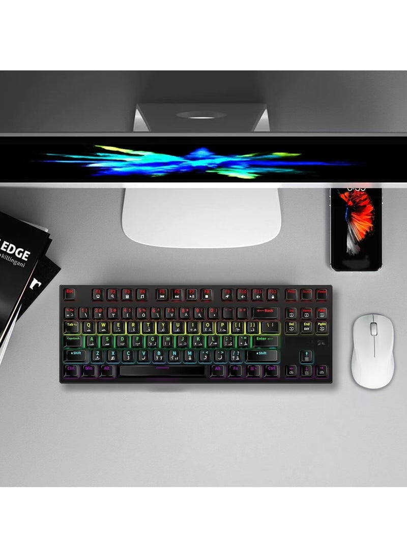 INFOSUN - English Arabic Mechanical Gaming Keyboard with RGB LED Rainbow Backlit, Quick Response USB Wired Waterproof 87 Keys Keyboard for Windows/MacOS/Android PC Gamers - Black /Blue Switch - Image 1