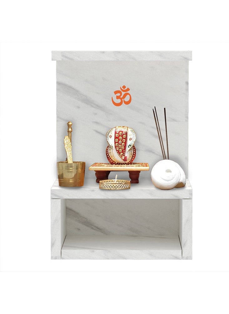 Mahmayi - Modern Wooden Mandir, Temple with Single Open Shelf for Storage Pooja Essentials Sturdy Steel Legs Ideal for Home, Office, Temple - White Levanto Marble - Image 1