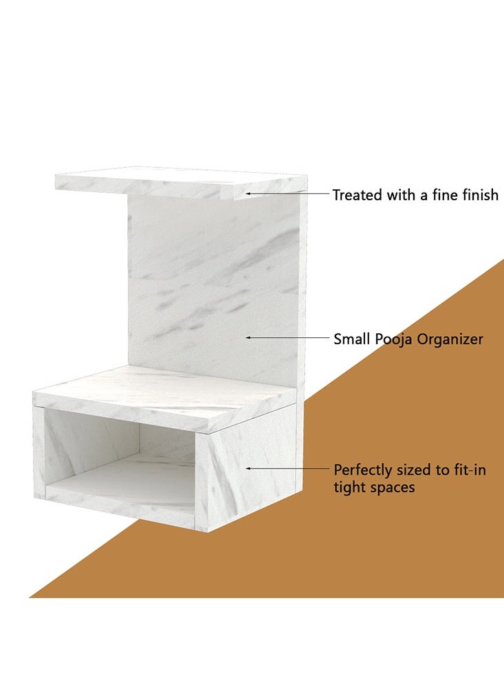 Mahmayi - Modern Wooden Mandir, Temple with Single Open Shelf for Storage Pooja Essentials Sturdy Steel Legs Ideal for Home, Office, Temple - White Levanto Marble - Image 1