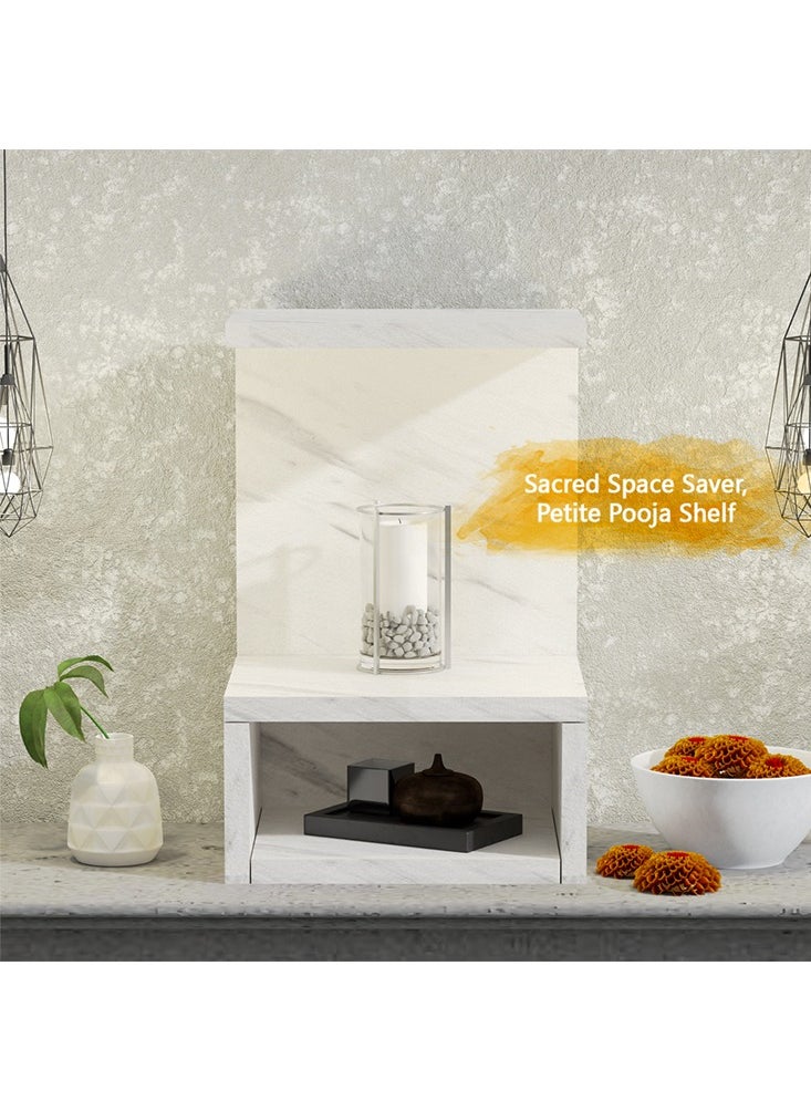 Mahmayi - Modern Wooden Mandir, Temple with Single Open Shelf for Storage Pooja Essentials Sturdy Steel Legs Ideal for Home, Office, Temple - White Levanto Marble - Image 1