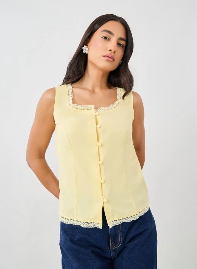 Styli Styli Lace Trim Square Neck Buttoned Top