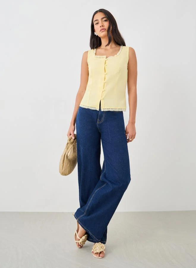 Styli Lace Trim Square Neck Buttoned Top