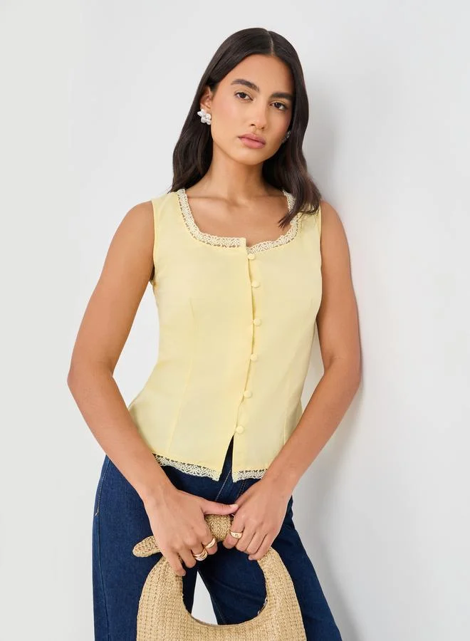Styli Lace Trim Square Neck Buttoned Top