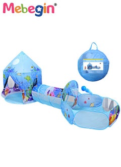 MEBEGIN 3pc Kids Play Tent for Kids with Ball Pit Basketball Hoop, Crawl Tunnel, Princess Tents for Toddlers, Baby Sea World Playhouse Toys, Boys Girls Indoor Outdoor Play House, Perfect Kid's Gifts Blue  - Image 1