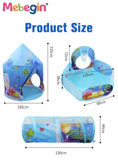 MEBEGIN 3pc Kids Play Tent for Kids with Ball Pit Basketball Hoop, Crawl Tunnel, Princess Tents for Toddlers, Baby Sea World Playhouse Toys, Boys Girls Indoor Outdoor Play House, Perfect Kid's Gifts Blue  - Image 3