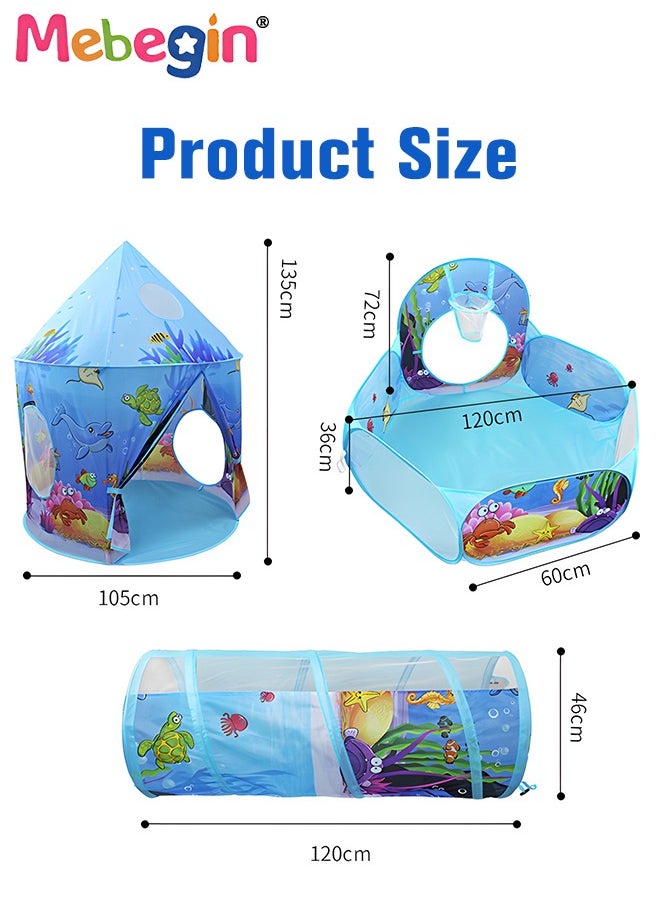 MEBEGIN - 3pc Kids Play Tent for Kids with Ball Pit Basketball Hoop, Crawl Tunnel, Princess Tents for Toddlers, Baby Sea World Playhouse Toys, Boys Girls Indoor Outdoor Play House, Perfect Kid's Gifts Blue - Image 1