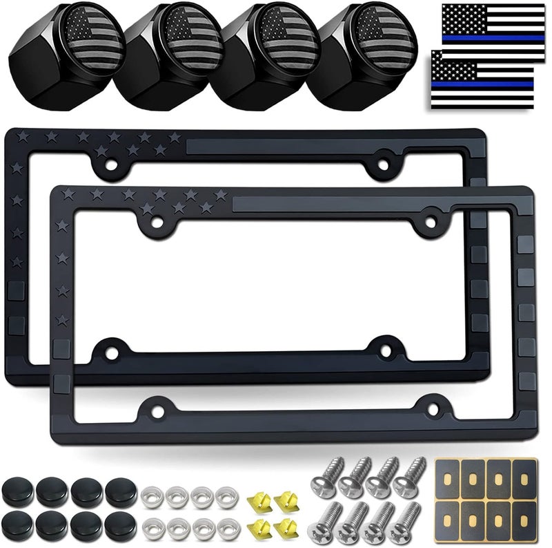 FBJTDQ Black American Flag License Plate Frames- Patriotic USA Stars and Stripes Flag Plastic Car Tag Cover Holder with Mount Screws Caps for Truck/SUV, Auto Accessories for Veterans Military - Image 1