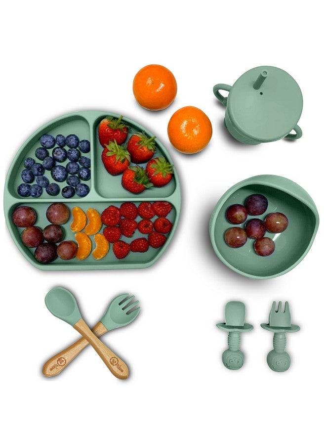O'doe 17Piece Bpafree Silicone Baby Feeding Set Thick & Soft Suction Plates Baby Bowls Wooden Fork & Spoon And More Make Mealtime Fun And Easy For Your Little One (Green V2) - Image 2