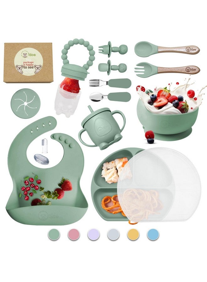 O'doe 17Piece Bpafree Silicone Baby Feeding Set Thick & Soft Suction Plates Baby Bowls Wooden Fork & Spoon And More Make Mealtime Fun And Easy For Your Little One (Green V2) - Image 1