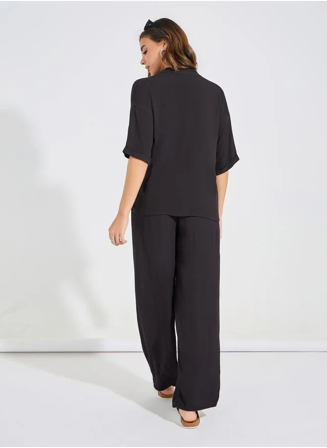 Styli Textured Boxy Shirt & Wide Leg Pants Co-Ords