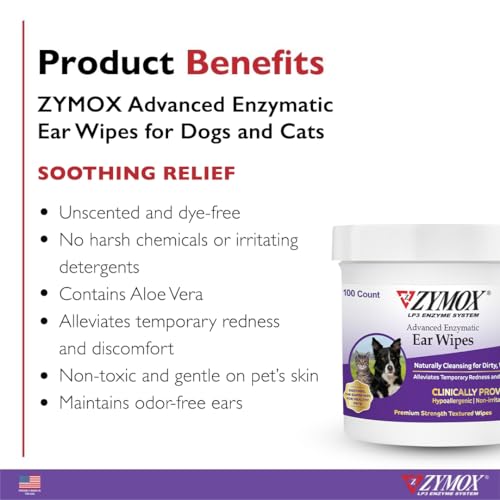 Zymox Advanced Enzymatic Ear Wipes for Dogs and Cats - for Dirty, Waxy, Smelly Ears - Premium Strength Ear Cleaner Wipes - Non-Irritating - Hypoallergenic (100 Count-Pack of 2) - Image 2