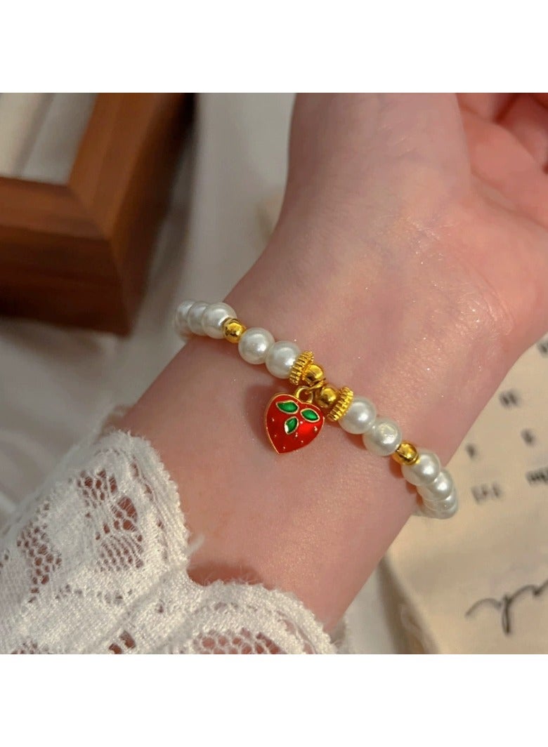 Goolsky French Style Asymmetrical Pearl Bracelet | Dainty Gold Chain with Strawberry Charm