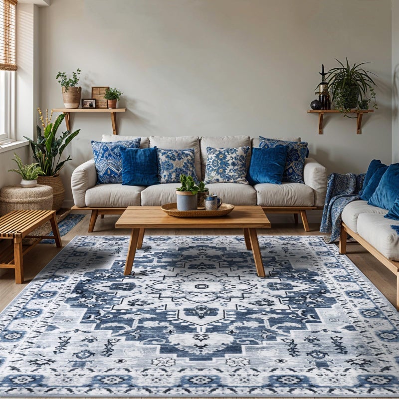 LBRO2M Boho Area Rug 8X10 Washable Rugs for Living Room Low Piles Indoor Rug, Non Slip Soft Carpet for Bedroom, Dining Room, Blue Rug Foldable Pet Friendly Area Rugs Stain Resistant (8'X10' Blue) - Image 2