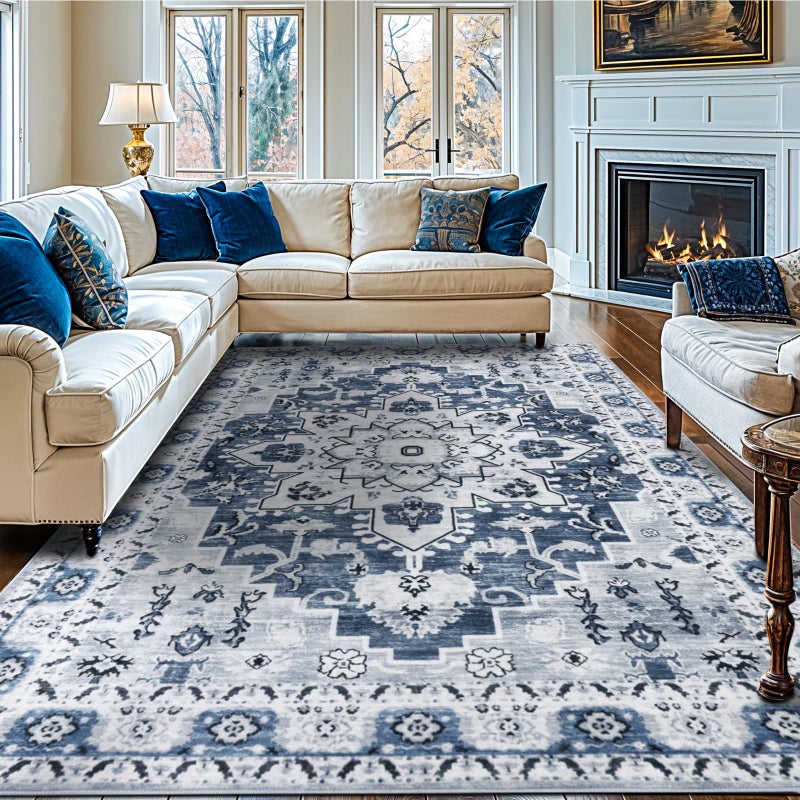 LBRO2M Boho Area Rug 8X10 Washable Rugs for Living Room Low Piles Indoor Rug, Non Slip Soft Carpet for Bedroom, Dining Room, Blue Rug Foldable Pet Friendly Area Rugs Stain Resistant (8'X10' Blue) - Image 1