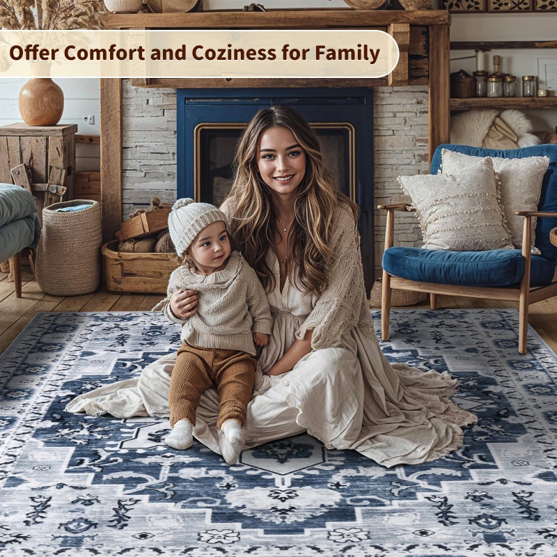 LBRO2M Boho Area Rug 8X10 Washable Rugs for Living Room Low Piles Indoor Rug, Non Slip Soft Carpet for Bedroom, Dining Room, Blue Rug Foldable Pet Friendly Area Rugs Stain Resistant (8'X10' Blue) - Image 3