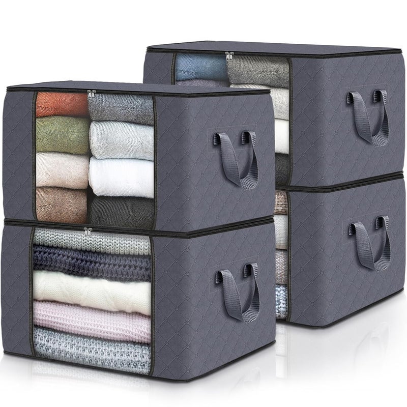 Fab totes 4Pack Clothes Storage Foldable Blanket Storage Bags Storage Containers for Organizing Bedroom Closet Clothing Comforter Organization and Storage with Lids and Handle Grey - Image 1