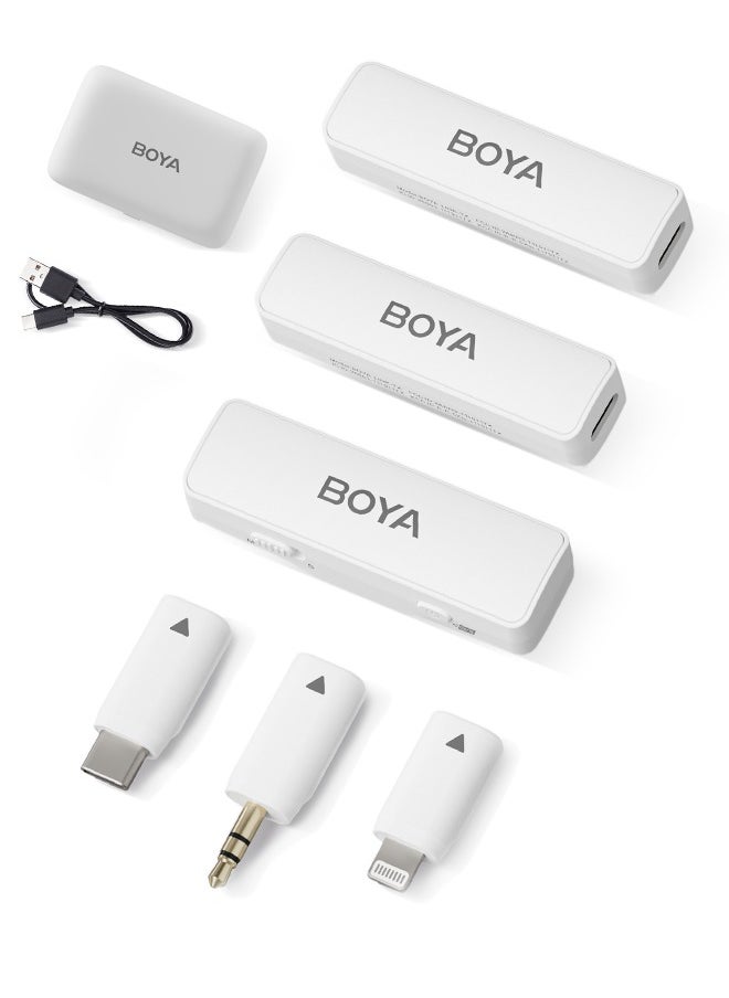 BOYA - BOYALINK White Wireless clip on Microphone for Wedding Vlog Interview, Portable Charging Case Switchable Adapters for iPhone Android Camera,Noise Reduction Quick Mute - Image 1