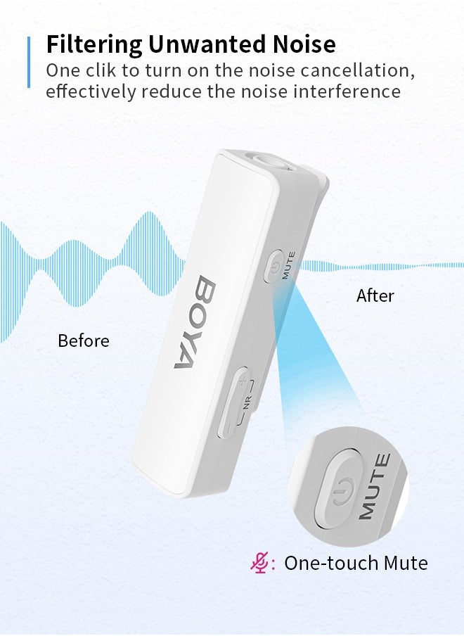 BOYA - BOYALINK White Wireless clip on Microphone for Wedding Vlog Interview, Portable Charging Case Switchable Adapters for iPhone Android Camera,Noise Reduction Quick Mute - Image 1