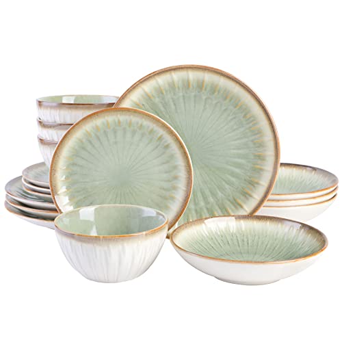 Gibson Elite Mayfair Bay 16-Piece Embossed Double Bowl Dinnerware Set, Service for 4 – Green Stoneware Plates and Bowls - Image 1