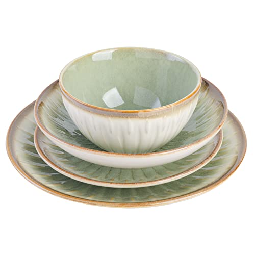 Gibson Elite Mayfair Bay 16-Piece Embossed Double Bowl Dinnerware Set, Service for 4 – Green Stoneware Plates and Bowls - Image 3