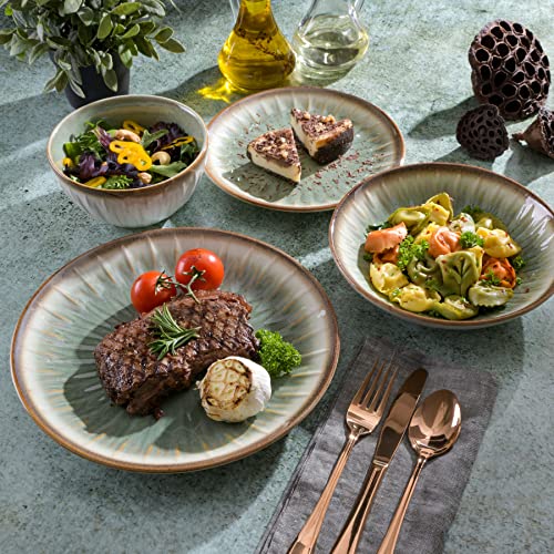 Gibson Elite Mayfair Bay 16-Piece Embossed Double Bowl Dinnerware Set, Service for 4 – Green Stoneware Plates and Bowls - Image 5
