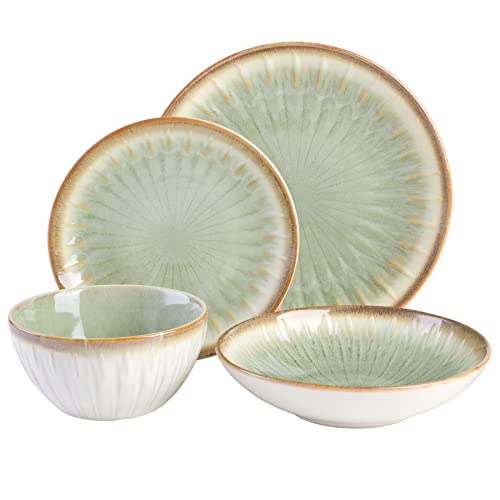 Gibson Elite Mayfair Bay 16-Piece Embossed Double Bowl Dinnerware Set, Service for 4 – Green Stoneware Plates and Bowls - Image 2