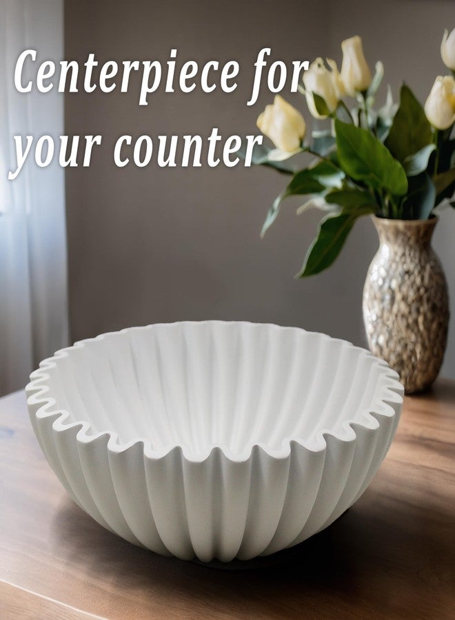 LIN CHUAN Ruffle Decorative Bowl, Large Fruit Bowl for Kitchen Counter, Stylish Key Bowl for Entry Table, Handcrafted Home Decor Display bowl, White - Image 3