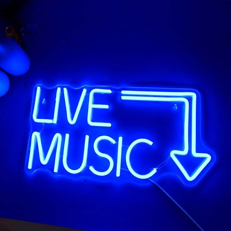 Horoof Home Live Music Neon LED Wall Light - 42.5 x 27.5 cm Blue Acrylic Sign with Down Arrow for Bars and Events - Image 1