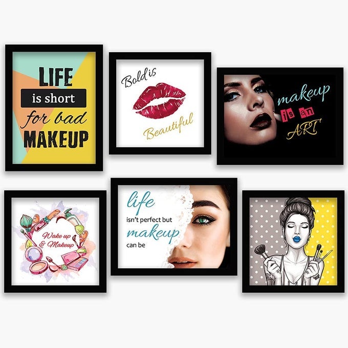 Studio Women Salon Theme Combo Makeup Art Framed Wall PostersPaintings with Frame for Parlour 11 inch x 14 inch Framed Set of 6 multicolor