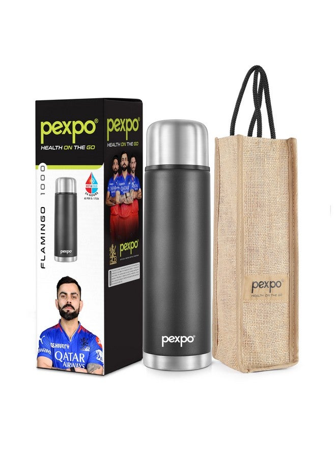 PEXPO زجاجة فلاسكة بغطاء قابل للطي من بيكسو ثيرموستيل، 1000 مل، أسود فارس | زجاجة ستانلس ستيل مع حقيبة جوت | مانعة للتسرب | للسفر | المدرسة والتخييم | المكتب | للرجال والنساء والأطفال - Image 1