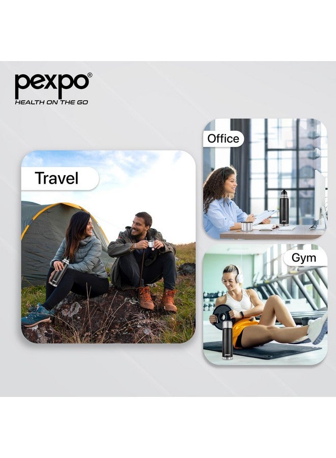 PEXPO زجاجة فلاسكة بغطاء قابل للطي من بيكسو ثيرموستيل، 1000 مل، أسود فارس | زجاجة ستانلس ستيل مع حقيبة جوت | مانعة للتسرب | للسفر | المدرسة والتخييم | المكتب | للرجال والنساء والأطفال - Image 5