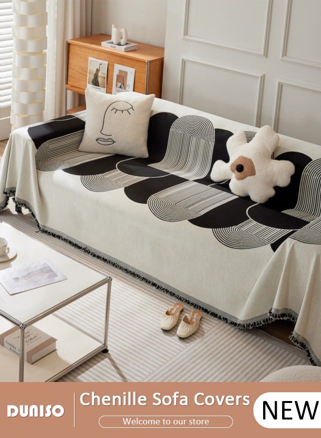 DUNISO (180*300cm) Double Sided Chenille Sofa Cover, Washable Geometric Stylish Couch Cover,Tassel Pattern Sofa Cover,Four Seasons Washable Sofa Blanket, Couch Furniture Protector, Non Slip Sectional Sofa Slipcover - Image 1