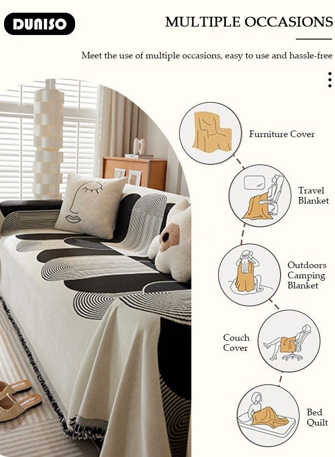 DUNISO (180*300cm) Double Sided Chenille Sofa Cover, Washable Geometric Stylish Couch Cover,Tassel Pattern Sofa Cover,Four Seasons Washable Sofa Blanket, Couch Furniture Protector, Non Slip Sectional Sofa Slipcover - Image 3