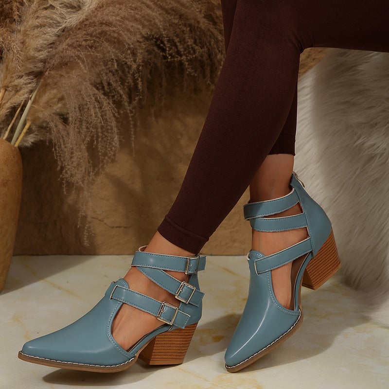 Plus Size Fashion High Heeled Sandals Women'S Thick Heeled Pointed Retro Belt Buckle Hollow Single Shoes - Image 4
