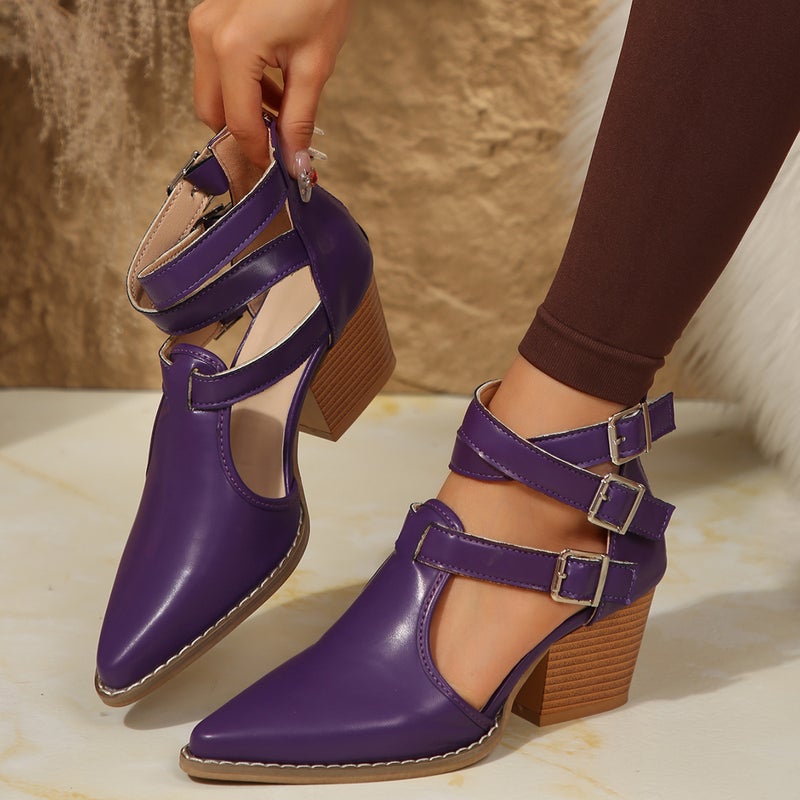 Plus Size Fashion High Heeled Sandals Women'S Thick Heeled Pointed Retro Belt Buckle Hollow Single Shoes - Image 1