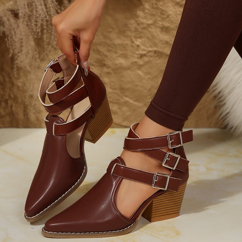 Plus Size Fashion High Heeled Sandals Women'S Thick Heeled Pointed Retro Belt Buckle Hollow Single Shoes - Image 5