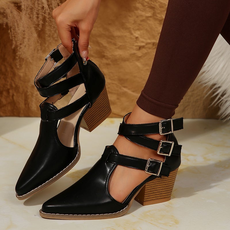 Plus Size Fashion High Heeled Sandals Women'S Thick Heeled Pointed Retro Belt Buckle Hollow Single Shoes - Image 3