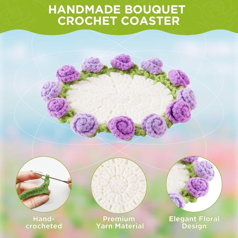Vane Oak Flower Crochet Coasters, Handmade Bouquet Blanket Coaster with Crochet Plant Pot Fun Soft Decorative Drink Coasters for Coffee Table Tabletop Protection and Home Decor - Image 4