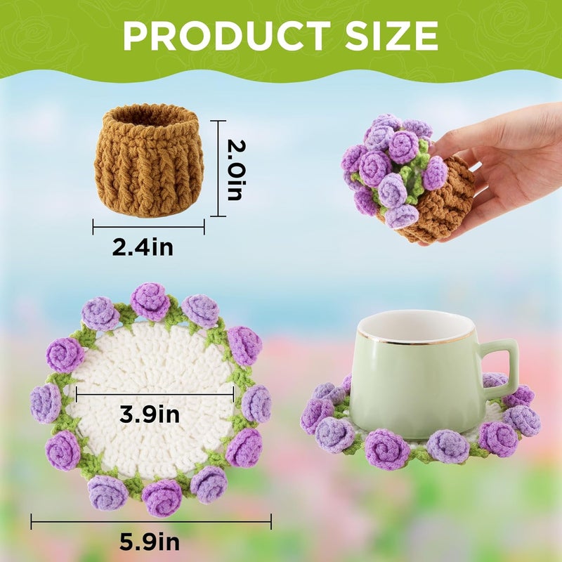 Vane Oak Flower Crochet Coasters, Handmade Bouquet Blanket Coaster with Crochet Plant Pot Fun Soft Decorative Drink Coasters for Coffee Table Tabletop Protection and Home Decor - Image 2