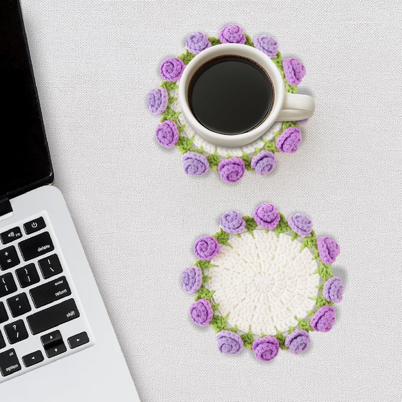 Vane Oak Flower Crochet Coasters, Handmade Bouquet Blanket Coaster with Crochet Plant Pot Fun Soft Decorative Drink Coasters for Coffee Table Tabletop Protection and Home Decor - Image 5