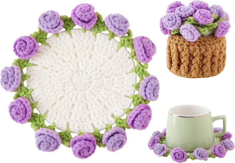 Vane Oak Flower Crochet Coasters, Handmade Bouquet Blanket Coaster with Crochet Plant Pot Fun Soft Decorative Drink Coasters for Coffee Table Tabletop Protection and Home Decor - Image 1