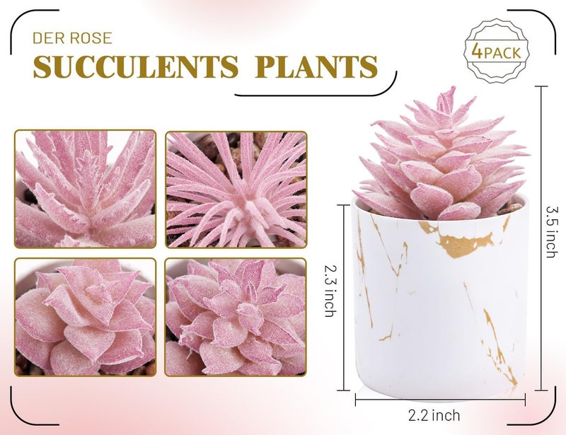 Der Rose 4 Packs Fake Succulents Plants Artificial Indoor for Pink Room Bathroom Decor Office Desk Accessories for Women - Image 2