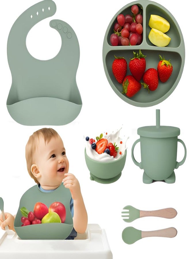 SUPUNYA 6PCS Silicone Baby Feeding Set – Suction Plate, Bowl, Bib, Spoon, Fork, Cup – BPA-Free, Non-Toxic, Microwave & Dishwasher Safe for Toddlers 6+ Months (Green) - Image 1