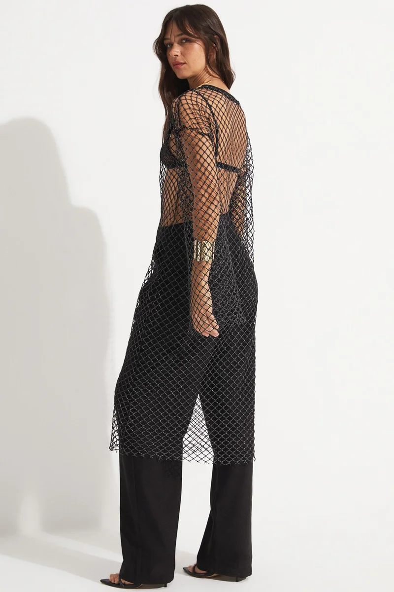 جون Women's Boat Neck Net Detail Long Tunic