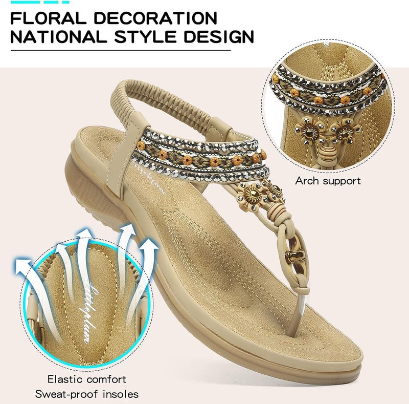 Littleplum Womens Sandals Arch Support Summer Beach Sandals Comfort Walking Shoes Bohemian Flip Flops Sandals for Women Apricot Size 10 - Image 2