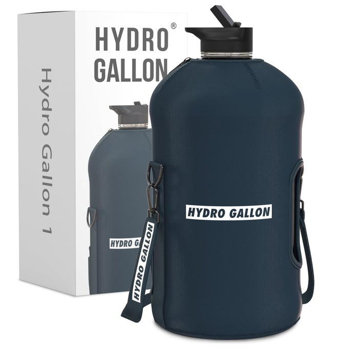 1 GALLON WATER BOTTLE JUG WITH INSULATED SLEEVE AND STRAW LID HANDLE TIME MARKER POCKET SHOULDER STRAP DAILY INTAKE LEAKPROOF BPA FREE LARGE BIG BOTTLE 128OZ NAVY BLUE