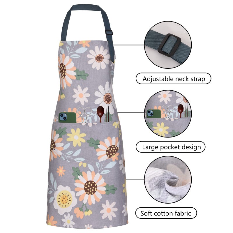 ARBINSON 2 Pack Floral Apron for Women with Pockets, Adjustable Cotton Chef Aprons for Kitchen, Cooking, BBQ & Grill (Green/Leaves) - Image 3